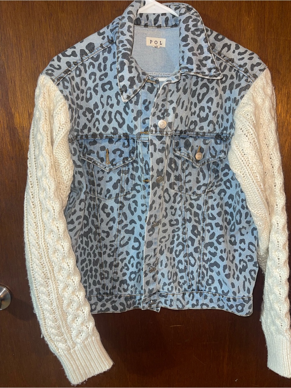 POL Light Blue Leopard-Print Denim Jacket with Cream Cable Knit Sleeves